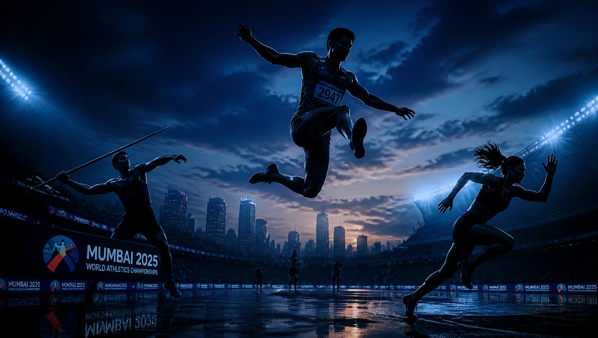 Athletes competing under floodlights with the Mumbai skyline behind them